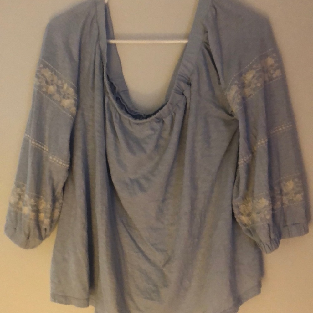 Pale blue off the shoulder blouse
